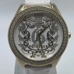 Guess Womens Watch Oversized 44mm Case Gem Set White Leather Band Quartz - Picture 1 of 13