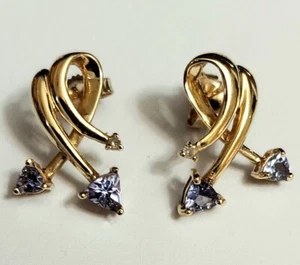 10k Gold Diamond & Tanzanite Swirl Earrings by Chuck Clemency STS Post 3/4" - Picture 1 of 6