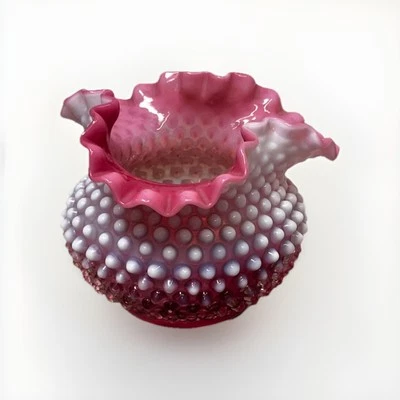 Vintage Fenton Opalescent Red Pink Cranberry Ruffled Hobnail Vase 5" Art Glass - Image 1 of 4