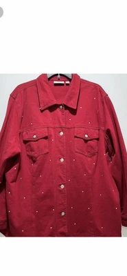 Vtg Quacker Factory Denim Jean Jacket Womens 2XL Red Pockets Heart Embellished - Image 1 of 4