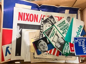 BOX LOT VTG POLITICAL POSTERS BUMPER STICKERS NIXON FORD MCCARTHY ERA 60s 70s - Picture 1 of 8