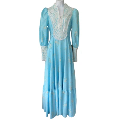 Maxi Vestido Pradera Vintage Años 70 Azul Estampado Floral Manga Larga XS Corpiño con Cordones Foto 1 de 4