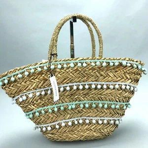 Fallon & Royce Aqua White Pom Pom Beach Vacation Shopping Handbag Straw Basket - Picture 1 of 8