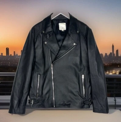 Chaqueta de cuero 1st Avenue piel de cordero negra con bolsillos y hebillas para mujer talla L Foto 1 de 4