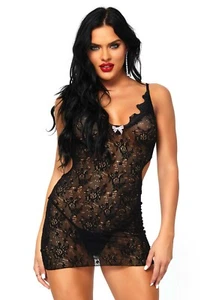 Leg Avenue Black Rose Lace Mini Dress with Polka Dot Bow - One Size UK 8-12 - Picture 1 of 2