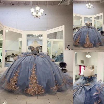 Принцесса Quinceanera платья золото аппликации блестящий выпускного вечера вечеринки блестки бальные платья - Изображение 1 из 4