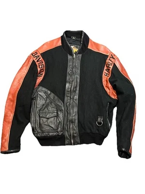 复古 Harley Davidson 复古男式中号羊毛皮革夹克黑色橙色 — 第 1/4 张图片