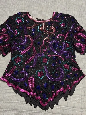 Top de cóctel vintage 100 % seda Laurence Kazar rosa púrpura con cuentas lentejuelas talla XL Foto 1 de 4