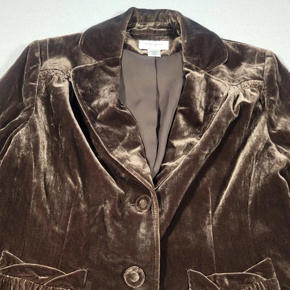 Nine West Woman Velvet Blazer Size 14 W Brown Silk Blend Button Front Ruched - Image 1 of 4