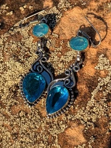 NWOT! ARTISAN .925 STERLING SILVER, BLUE TOPAZ & OPALITE DANGLE HOOK EARRINGS - Picture 1 of 3