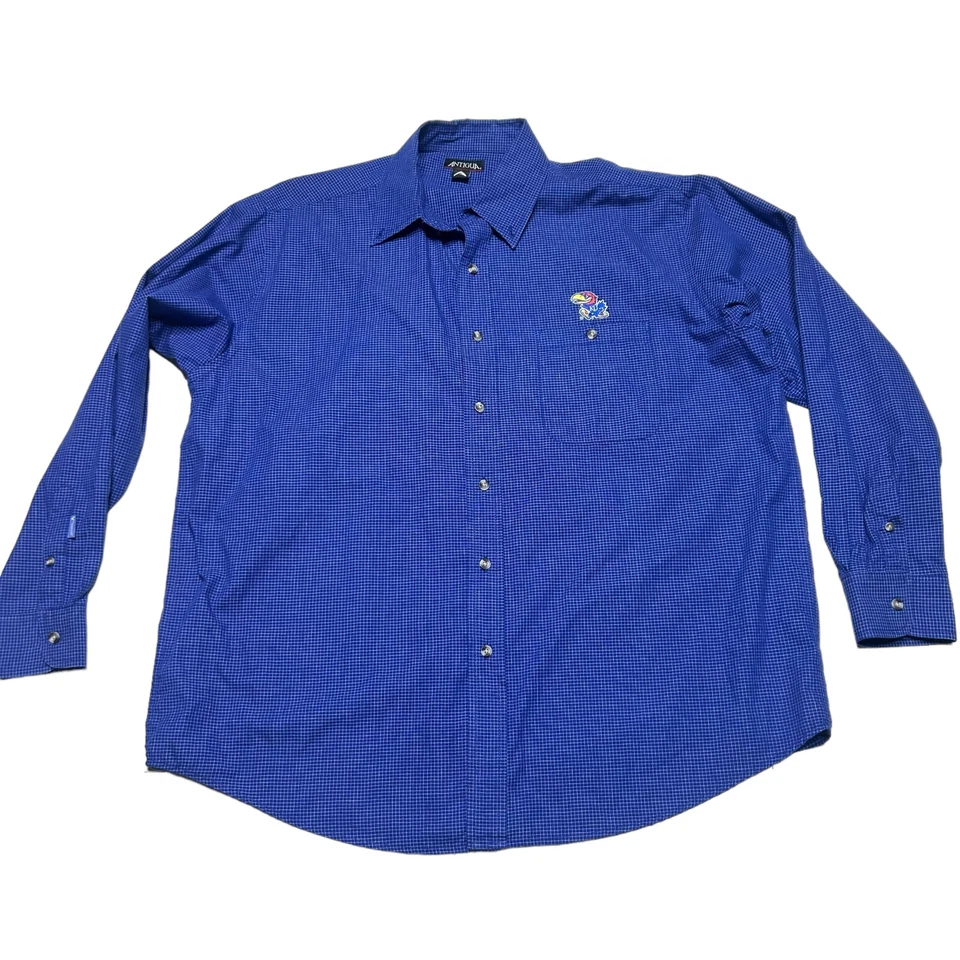 Camisa Antigua Kansas Jayhawks Para Hombre Grande Azul Geométrica A Cuadros Abotonada Foto 1 de 4