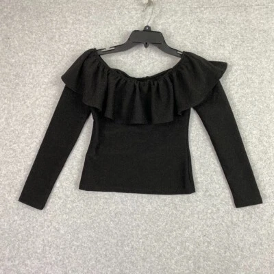 Blusa H&M Top Mujer XS Negra Metálica Hombro Descubierto Volantes Manga Larga Elastizada Foto 1 de 4
