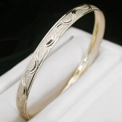 SMALL - TEEN | 6mm 14K Yellow GOLD ep DIAMOND CUT Solid BANGLE Ladies LIFE GUAR - Image 1 of 3