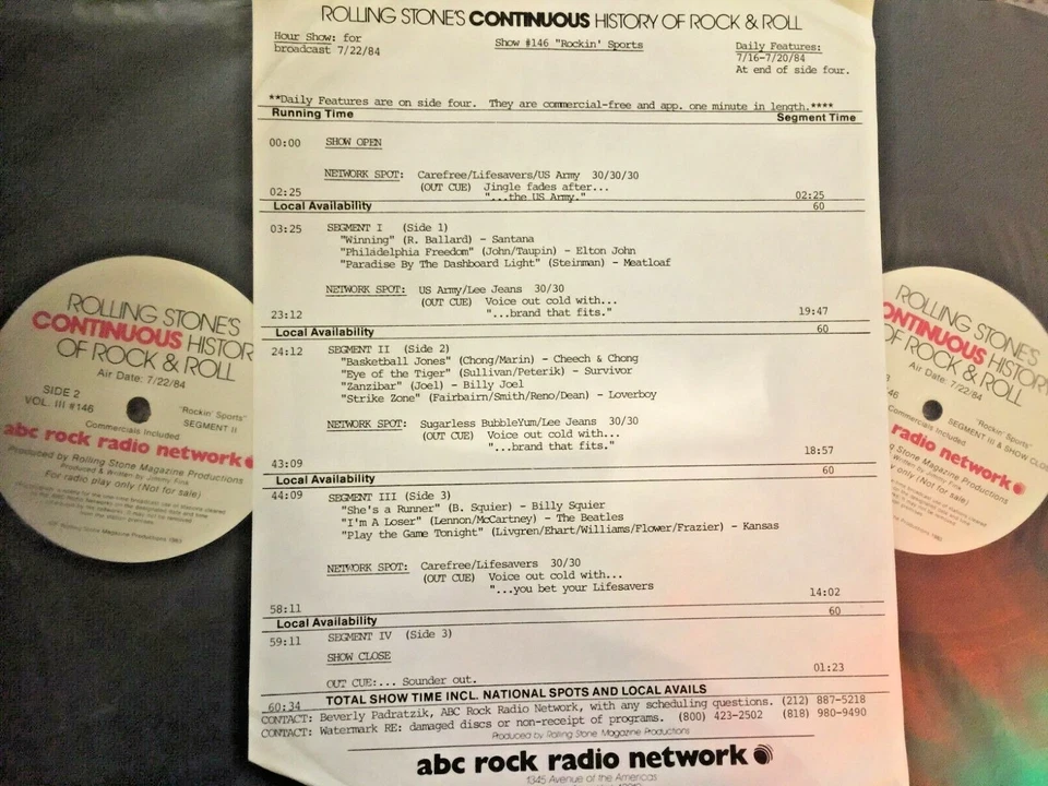 RADIO SHOW:7/22/84 ROLLING STONE ROCKIN SPORTS: KANSAS, LOVERBOY, CHEECH & CHONG - Image 1 of 1