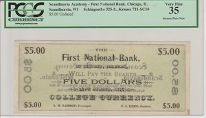 SCANDINAVIA WISCONSIN HIGH SCHOOL BANK $5 NOTE PCGS VF 35/KRAUSE PLATE NOTE - Picture 1 of 1