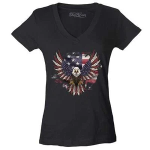 American Bald Eagle USA Flag Women's V-Neck T-shirt 4th of July Tee - Picture 1 of 8