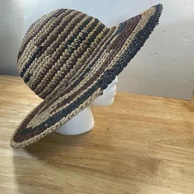 Nine West Striped Raffia Straw Floppy Beach Hat Women Brown Sun Wide Brim - Image 1 of 4
