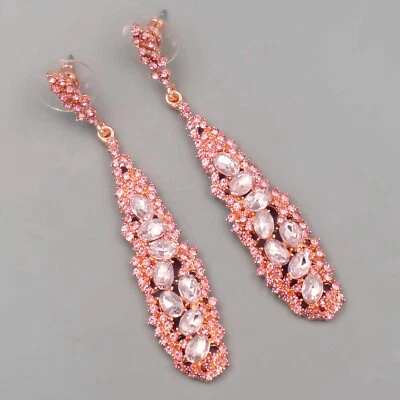 Elegant Pink Crystal Long Dangle Earrings Rose Gold Plated Sparkly Rhinestone 60 - Image 1 of 3