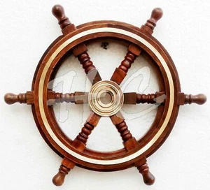 18" Brass Nautical Brown Wooden Marine Ship Wheel Boat Steering Home Wall Décor - Picture 1 of 5