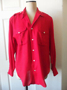 Vintage Ralph Lauren Red 100% Rayon Long Sleeve Epaulet Shoulder Camp Shirt - 10