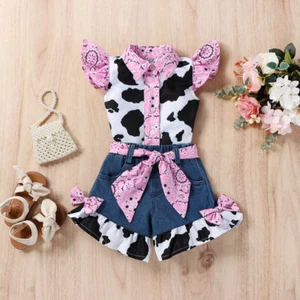 Baby Girls Denim Shorts Outfits Ruffle Cow Print Shirt Tops Belted Jeans Shorts - Picture 1 of 13