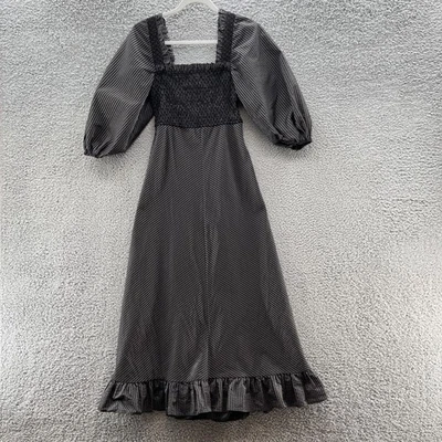 Vestido Ganni 2 Preto Cinza Shirred Gingham Manga Puff Midi Maxi Bainha Babado - Imagem 1 de 4