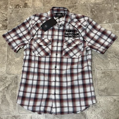 HARLEY DAVIDSON RED/BLACK PLAID SNAP FRONT SHIRT Short Sleeve Size Medium NWT - Image 1 of 4