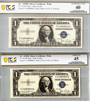 1935-D WIDE $1 Silver Certificate (SEQUENTIAL PAIR) PCGS 40 / 45 CXF  Fr. 1613W - Image 1 of 4