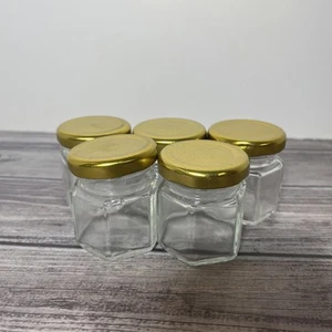 3 oz 2” Hex Go Jars W/Gold Plasticol Lined Lids Sets Of 5 Jars - Picture 1 of 6