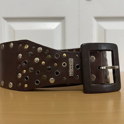 Calvin Klein Brown Leather Wide Belt Multicolor Stud Grommet Details Size Small - Image 1 of 4