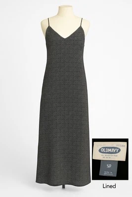 Antiguo Vestido Sin Mangas Estampado Geométrico Negro Azul Marino Forrado Correa de Espagueti Talla S Foto 1 de 4