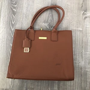 Joy & Iman Genuine Brown Leather Hollywood Glamour Handbag 5 Compartments Clock - Picture 1 of 13