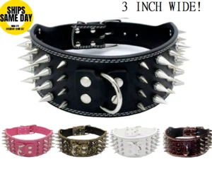 3" WIDE RAZOR SHARP Spiked Studded Leather Dog Pet Collar 4-ROWS 19-22" 21-24" - Picture 1 of 20