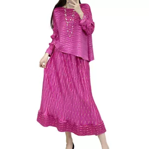 Women Pleated Casual Irregular Long Sleeved Top Half Skirt 2Pc Set Loose Set - Picture 1 of 17