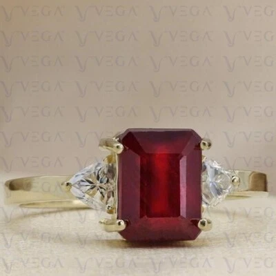 3.87ct Emerald Cut Red Natural Ruby Gemstones Diamond Ring Real 14K Yellow Gold - Image 1 of 4