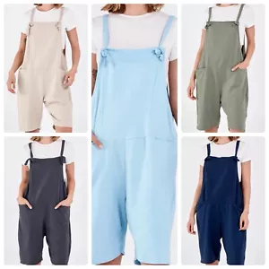 New Ladies Womens Plain Short Jersey Dungarees Playsuit One Size (8-16) BNWT - Picture 1 of 25