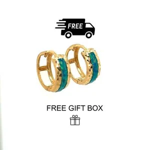 14k Yellow Gold Dark Green Opal Huggie Hoop Earrings - Picture 1 of 2
