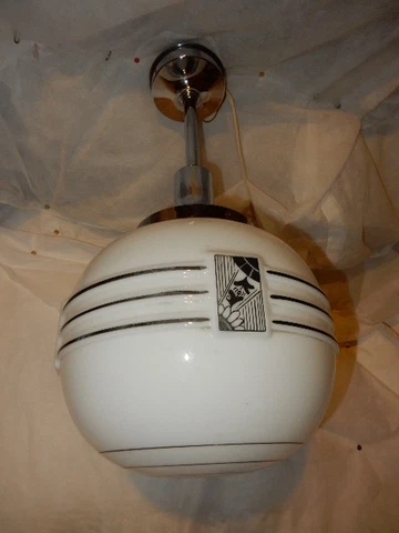 Vintage  Nickel Chrome Fixture w/ J.C. Virden Black Deco Stenciled Design Shade Cover