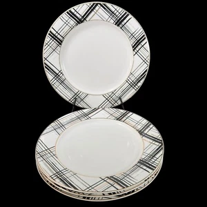 Pink Tuxedo White With Gold/black Pattern Dinner Plates 10 1/2" Set Of 4 - Picture 1 of 6