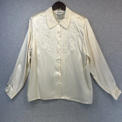 Blusa Nilani Vintage Feminina Tamanho 14 Botões Bordada Floral Creme Tubulação - Imagem 1 de 4