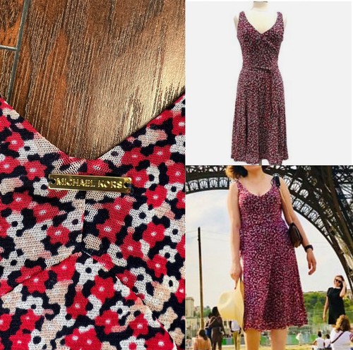 Abito da donna Michael Kors rosso bianco navy blu floreale rete collo a V midi taglia P M