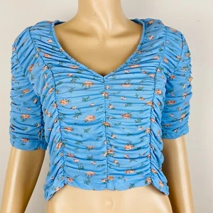Zara Cute Summer Blue Floral Print Flattering Women's L Ruched Short Sleeve Top - Picture 1 of 7
