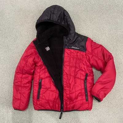 Eddie Bauer Boys M 10/12 Reversible Hooded Puffer Jacket Red Black Fleece Hood - Image 1 of 4