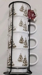 Juego de 4 tazas apilables Market Finds vacaciones de invierno taza con soporte acebo y alegría blanco - Imagen 1 de 12