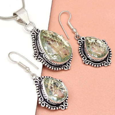 Conjunto de pendientes de oro rutilo joyería 18-20"" colgante cuarzo esterlina Foto 1 de 4