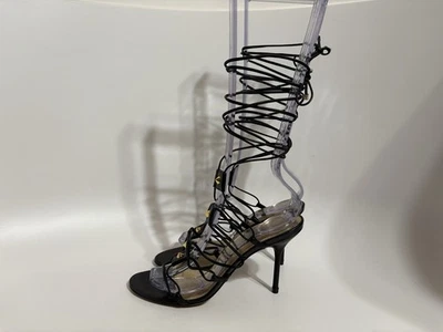 Vtg Dolce & Gabbana Black Leather Lace Up Sandal Heels 37 - Image 1 of 4