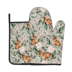 Cute Bunnies Pink Flower Oven Mitts and Pot Holders Rabbit Heat Resistant Ove... - Picture 1 of 7