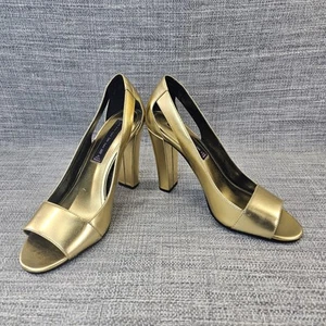 Steve Madden Patent Leather Open Toe Pump Gold 3.5in Heels Dress Shoes Sz 7M - Picture 1 of 13