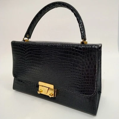 Vintage 50s Chic Black Crocodile-Embossed Satchel - Image 1 of 4
