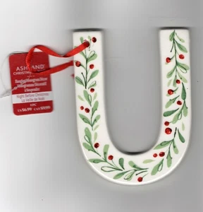 Ceramic   U    Monogram Letter Initial 4.5" Decor Ornament Holly Berries Ashland - Picture 1 of 3